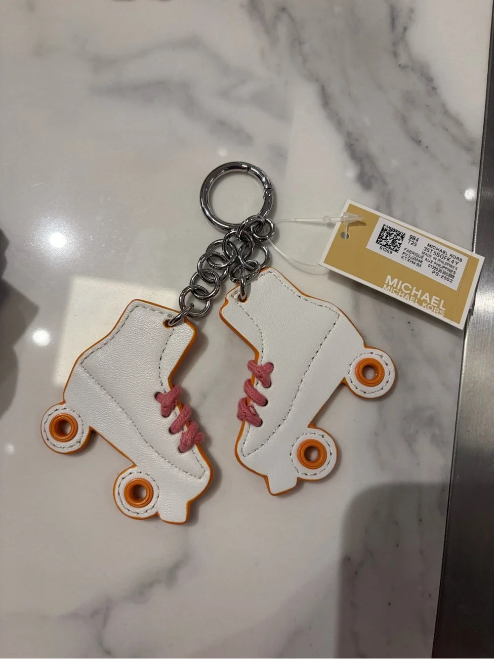 Michael Kors White Roller Skate Keychain with Pink Laces and Orange Trim new